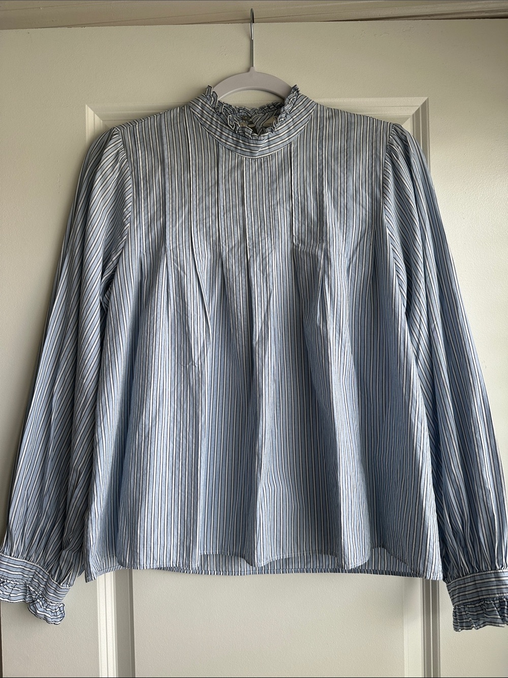 Zara Classic Blue Stripe Ruffle-Neck Blouse